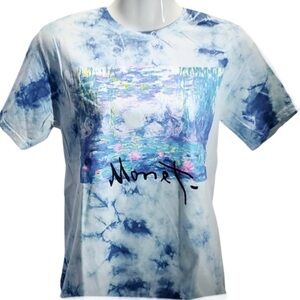 MONET blue tie dye Watercolor Lilies graphic art tee XS NWT